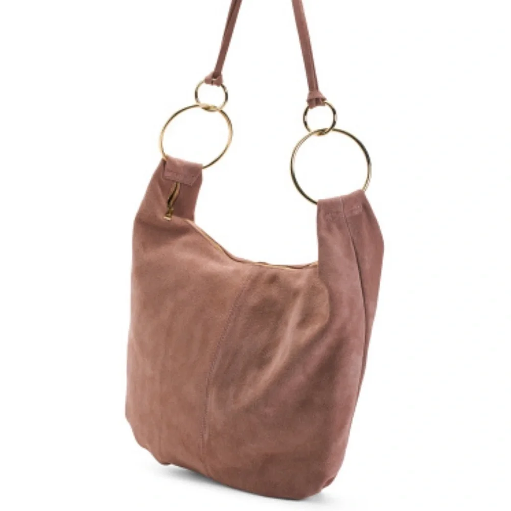 🩷NWT-MARLON GORGEOUS Made In Italy Genuine Suede Leather Circle Handle Hobo🩷